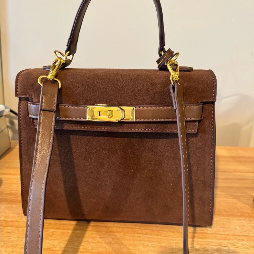 Amazon Brown Suede Satchel with Gold Accents